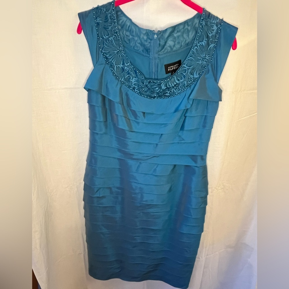 Adrianna Papell Blue Embellished RUFFLED, beaded Sheath Midi Dress Sz 6 wedding